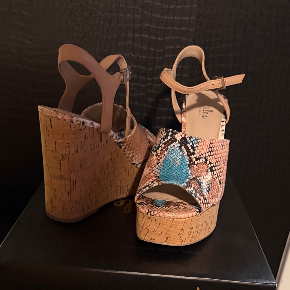 Charles David Tan and Blue Snakeskin Wedges